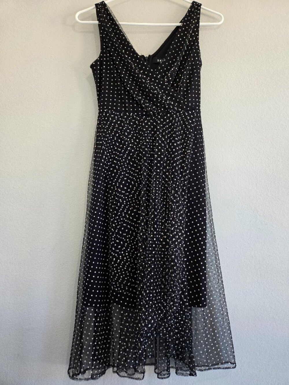 DKNY Black & White Sheer Polka Dot Mesh Sleeveless Wrap Dress Size 0